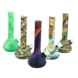 7.4'' Glow in the dark silicone bong beaker hookahs water pipe unbreakable printing with glass bowl for smoking bongs LL