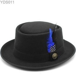 Wide Brim Hats Bucket Retro Pork Pie Hat Mens Wool Fedora Black Church Jazz Ribbon Trilby Panama Gangster Gentleman yq240403