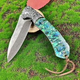 Special Offer A6706 High Quality Flipper Folding Knife Damascus Steel Blade Abalone Shell Handle Ball Bearing Outdoor Camping Hiking EDC Folder Knives