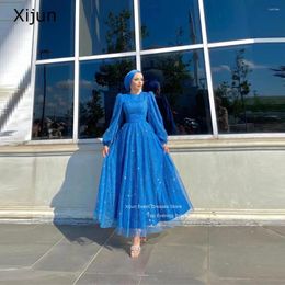 Party Dresses Xijun Blue Glitter Prom Long Sleeves A-Line Evening Modest Dubai Arabic Women Gowns Formal Moroccan Kaftan