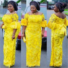 Party Dresses Gorgeous Aso Ebi Style Prom Dress Long Yellow Lace Evening African Half Sleeve Vestidos De Fiesta Nigerian Women Gown