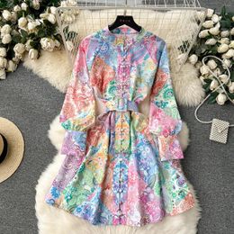 Casual Dresses Vestidos De Mujer Stand Printing Multi Color Single Breasted Button A-line Puff Sleeve Belt Dress Spring Drop