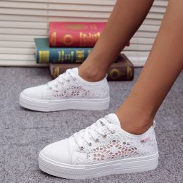 Boots Women Shoes 2021 Fashion Summer Casual White Shoes Cutouts Lace Canvas Hollow Breathable Platform Flat Shoes Woman Sneakers