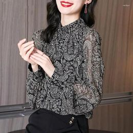 Women's Blouses Spring Autumn Korean Fashion Women Shirts Loose Style Printed Chiffon Female Shirt 2024 Stand-up Collar Lady Blouse Tops