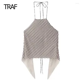 Women's Tanks Mesh Sleeveless Backless Tank Top With Tied Belt Tube Spring Summer 2024 Print Halter Tops Elegant Basic Vests
