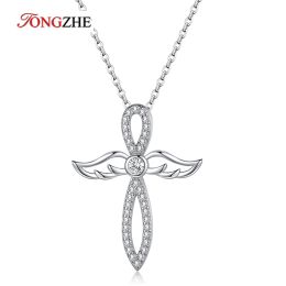 Necklaces Tongzhe Angel Cross Pendant Necklace For Ladies 925 Sterling Silver Double Wings Party Birthday Jewellery Gift