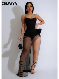 Casual Dresses CM. Women Spaghetti Strap Diamonds Rhinestones High Side Split Mesh Maxi Dress 2024 Sexy Club Even Party Vestido