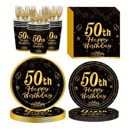 Black Gold Disposable Tableware For 50th Birthday Party Decor Supplies Plates Tablecloth Birthday Banner 40inch Number Balloon