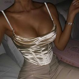 Women's Tanks Camis Y2K Shiny Backless Vest Sexy V-neck Bandage Sling Crop Sling Top Fashion Sling Diamond Chain Sling Tight Chest Hollow Tank Top Emo Y240403