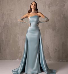 Elegant Long Blue Satin Sleeveless Evening Dresses Mermaid Strapless Pleated Zipper Back Sweep Train Prom Dresses Robe De Soiree Formal Party Gown for Women