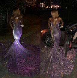 2022 Glitter Long Mermaid Black Girl Prom Dresses Off Shoulder Sweetheart Court Train Purple Sequin African Evening Formal Dress6704451