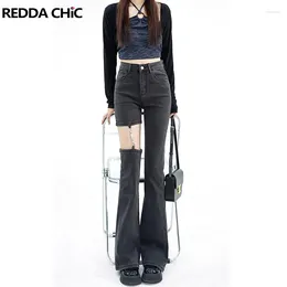 Women's Jeans ReddaChic Retro Grey 2-wear Flare For Women Y2k Vintage High Rise Denim Boot Cut Pants Trousers Harajuku Acubi Fashion