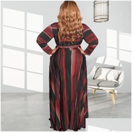 Plus Size Dresses Women 5Xl Dress Striped Print Elegant 2022 Autumn Lady Bandage Belt Party Gown Female Luxury Designer Drop Delivery Dhnjp