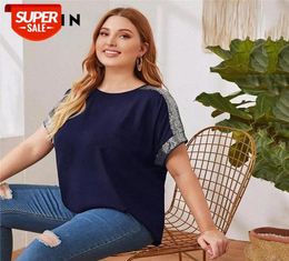 Tshirt Plus Size Contrast Sequin Panel Batwing Sleeve Top Women Summer Colorblock O Neck Short Casual Blouses and Tops Party Ip22485309