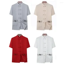 Ethnic Clothing 2024 Traditional Chinese Set For Men Adult Tai Chi Uniforms Linen Short Sleeve Embroidery Casual Tops