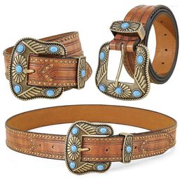 Belts PU Leather Western Turquoise Decor Buckle Bohemian Cowgirl Cowboy Country Floral Engraved Belt