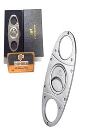 Fashion High-Grade Portable Silver Stainless Steel Cigar Cutter Guillotine Double Cut Blade in Black Gift Box Smoke Knife5227527