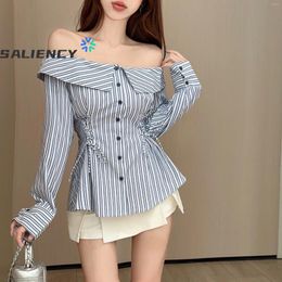 Women's Blouses Striped Off Shoulder Tie Shirt Women Spring Elegant Chic Casual Simple Long Sleeve Blouse Tops