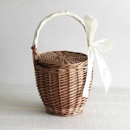 Women Beach Handbag Basket Straw Hand Bag Cover Fashion Summer Wicker Small Retro Rattan Tote Travel Clutch Handmade 240326