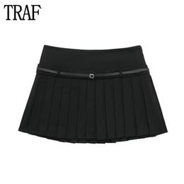 TRAF Box Pleated Mini Skirts for Women Black Mid Rise Womens Skirts Belt Office Short Woman Skirts Streetwear Skirt Skort Women 240321