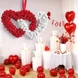 Decorative Flowers Double Love Artificial Rose Valentines Day Wreaths Heart Shaped Wreath Valentine'S Fall For Front Door With Lights