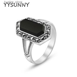 Cluster Rings YYSUNNY 925 Sterling Silver Black Ring Synthetic Agate Vintage Ethnic Style Women Party Ring L240402