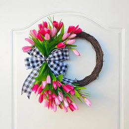 Decorative Flowers Plastic Garland Spring Floral Plaid Bowknot Door Wreath For Home Decor Garden Ornaments Artificial