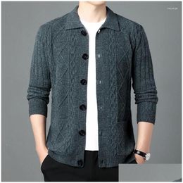 Mens Sweaters Thick Sheep Wool Turn Down Collar Coat Casual Argyle Sweater Cardigan Single Breasted Pure Male Warm Knitwear Drop Deliv Dhqon
