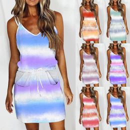 Casual Dresses Women Summer Sleeveless Mini Dress Ruched Drawstring Fashion Stripe Print Vestidos Holiday Beach Party V-Neck Sundress