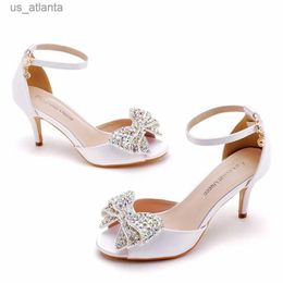 Dress Shoes Women Sandals Height Increasing Butterfly-knot Silk 7CM Thin Heels Buckle Strap Rhinestone Wedding Womens White H240403