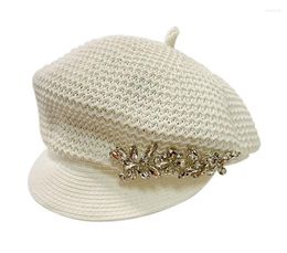 Berets 202403-AX Ins Chic Summer Breathable Grass Shiny Crystal Chain Flower Leisure Lady Octagonal Hat Women Visors Cap