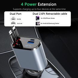 4 in1 Fast Charger 100W Retractable Car Charger USB Type C Cable For IPhone Samsung Fast Charge Cord Cigarette Lighter Adapter