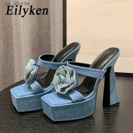 Dress Shoes Denim Super High Heels Women Slippers Fashion Design CRYSTAL Flower Peep Toe Gladiator Sandals Slides Summer H240403