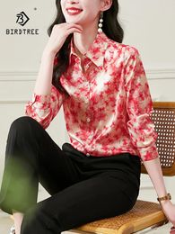 Women's Blouses BirdTree 19MM 90%Real Silk Elegant Shirt Women Long Sleeve Lapel Flower Printed OL Comute 2024 Spring T43355QC