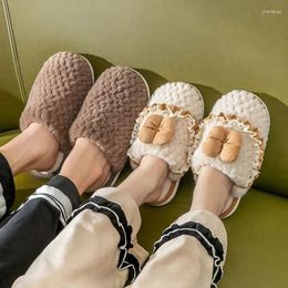 Slippers 2024 Home Warm Flat Shoes Men Lace Bow Cotton Women Indoor Autumn Winter External Wear Furry Couple D