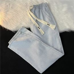 Mens spring summer trendy loose straight leg pants with plush jeans Mens American high street wide leg casual pants Sale 240327