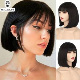 Toppers Women Bob Hair Wigs Lady Natural Toppers Breathable Human Hairpieces Straight Hair Wig For Women Bob Wigs With Bangs 35CM Hair