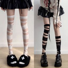 Ultrathin Women Spicy Girl Bandage Stripe Long Stockings Female Japanese Lolita Jk Y2k Sexy Summer Cross Tube White Stockings