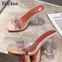 Dress Shoes 2024 PVC Transparent High Heels Women Slippers Sexy Square Toe Rhinestone Bowtie Party Fashion Zapatillas De Mujer H240403