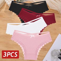 Women's Panties 3PCS/Set Women Cotton Sexy Low Rise Lace Brazilian Hollow Out Soft Breathable Lingerie Female Bow Underwear S-XL