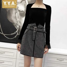 Urban Sexy Dresses Women Real Leather Suede Sashes A-Line Short Skirts Fashion Office Rhinestone Wrap Skirt Autumn Streetwear Elegant Party Skirt 2443