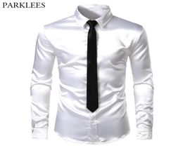 Men039s 2 Pieces ShirtTie White Silk Satin Dress Shirts Slim Fit Long Sleeve Button Down Shirt Male Wedding Party Prom Chemi6704793