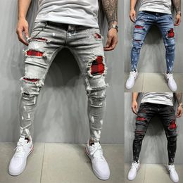 Mens Vintage Streetwear Panelled Ripped Casual Denim Pants European and American Zipper Skinny Jeans 240319