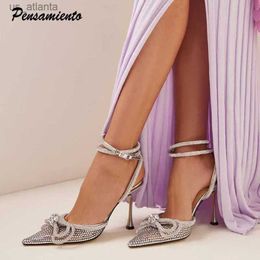 Dress Shoes Brand Bling Rhinestones Double bowknot Women Pumps Sexy Ankle Strap Thin High heels Mules Summer Wedding Bridal H240403