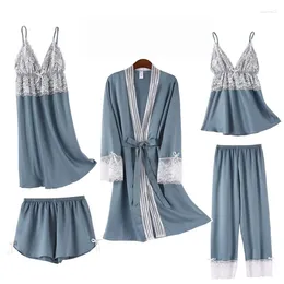 Home Clothing 5PCS Satin Sexy Pajamas Suit Women Lace Payjamas Pour Femme Kimono Robe Gown Loose V-neck Sleepwear With Trousers Loungewear