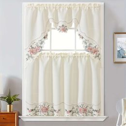 3-piece Polyester Beige Floral Embroidered Window Curtains - Perfect for Home Decoration in Bedroom, Living Room, Kitchen & More