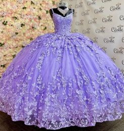Tatlı leylak lavanta quinceanera elbiseler 3d kelebek tatlı 15 doğum günü partisi önlük lüks kız vestidos de 15 anos 2023