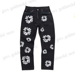 Denim Teers Men's Jeans Designer High Street Flower Denim Wreath Black Washed Straight Jeans Versatile Printed Floral Neutral Jeans 137