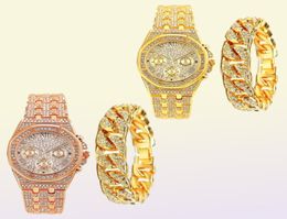 Wristwatches Cool Iced Out Watch Bracelet For Men Women Couple Luxury Watches Gold Diamond With Cuban Chain Jewellery Drop9180123