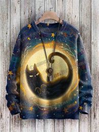 Funny Colourful Abstract Cat Art Pattern 3D Printed Men's Knitted Pullover Winter Unisex Casual Knit Pullover Sweater ZZM49